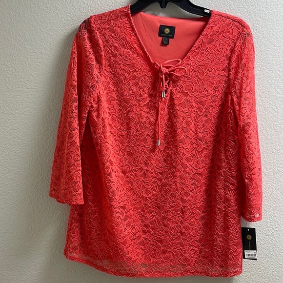 L)  JM Collection Lace Long Sleeve V- Neck Front zip zack string Tye Coral - Picture 2 of 9